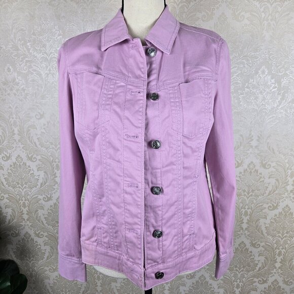 Chico's Size 0 (US Small) Soft Lilac Sateen Jean Jacket Logo Buttons Collar NWT - Picture 1 of 16